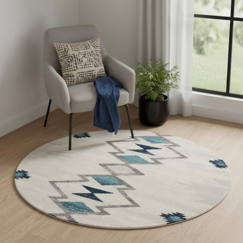 Tapis rond abstrait beige et bleu 5 pi x 5 pi