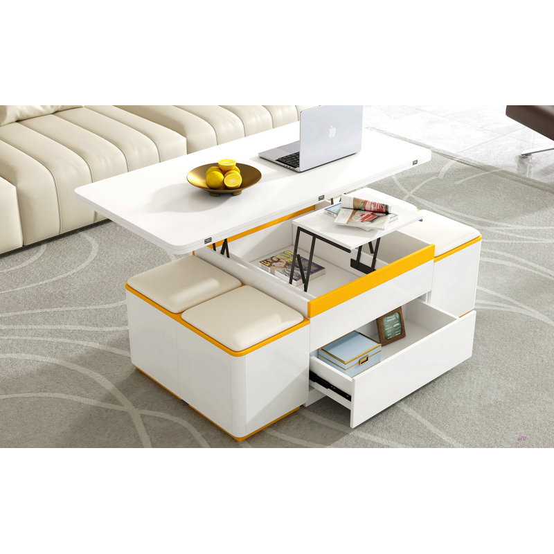 Table basse à plateau relevable avec 4 tabourets de rangement, table basse moderne avec plateau pliable, table basse réglable multifonctionnelle pour le salon