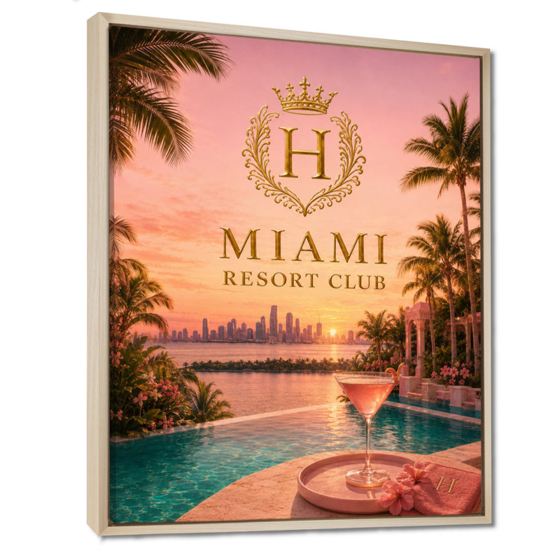 Miami Resort Club Sunset - Décoration murale glamour sur toile, H 44 po x l 34 po, Cadre naturel flottant