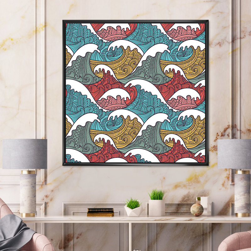 Vagues japonaises rouges, bleues et grises - Impression sur toile, H 36 po x l 36 po, Cadre flottant noir
