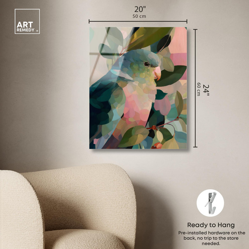 «Parrot Pastel Greens I», reproduction sur acrylique à décor tropical par Art Remedy, H 24 po x l 20 po