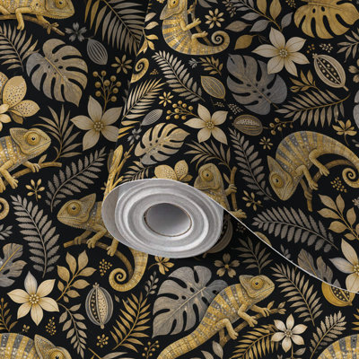 Peel and Stick Wallpaper Contact Paper Golden Chameleons Tropical Ferns Black Self Adhesive and Removable 24in x 118in(60x300cm)