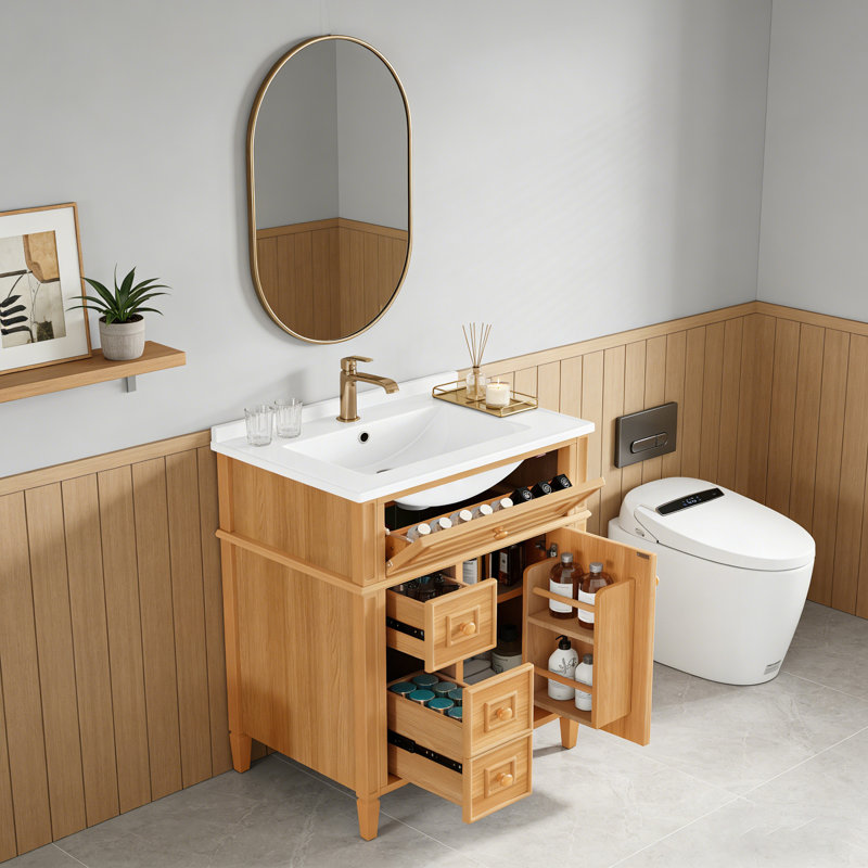 Armoire de rangement pour salle de bain avec lavabo et tiroir rabattable, Naturel, H 34 po x l 24 po x P 18,3 po