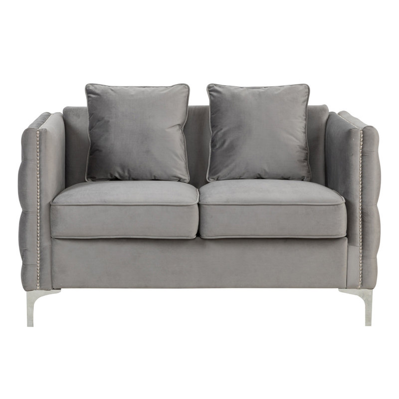 Bayberry 53" Velvet Loveseat With 2 Pillows, Gris