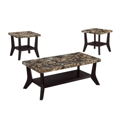 Faux Marble Tops 3-Piece Table Set Rectangular Coffee Table Two Matching End Tables MDF Wooden Base Built-In Storage Shelves Contemporary Home