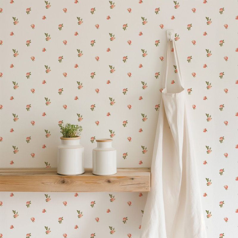 Lady Charlotte Miniature Roses 10' L x 24" W Peel and Stick Wallpaper Roll, Rouge, Faux Grasscloth, Non-pasted