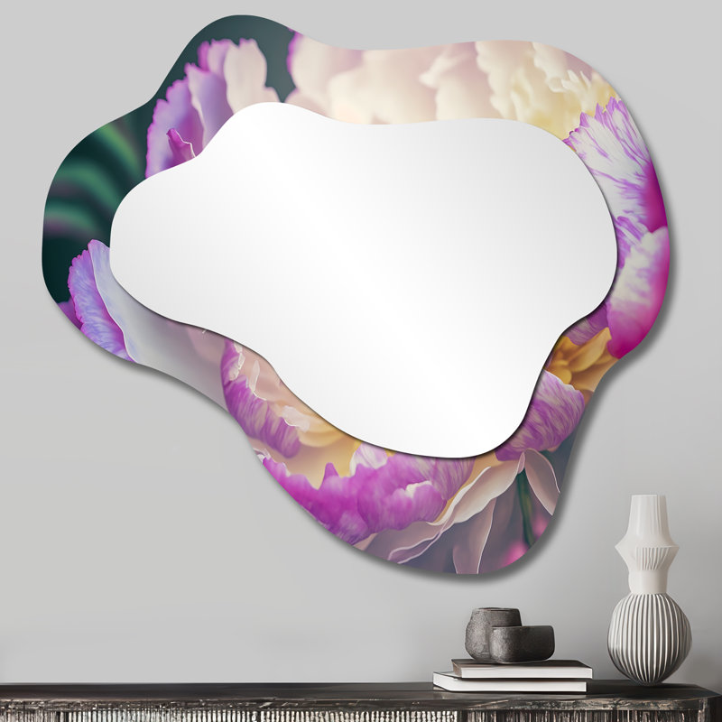 Verile rose et pivoine blanche au printemps I - miroir pivoine nuage, miroir mural décoratif asymétrique rose, impression d'art en métal