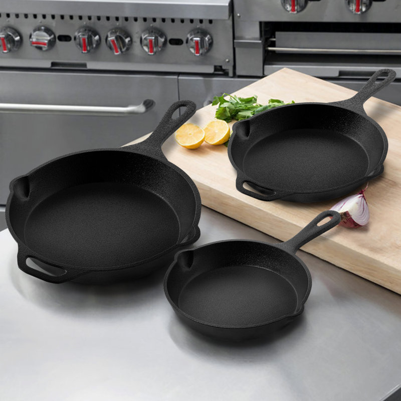 NutriChef 3-Piece Black Cast Iron Skillet Set with Red Silicone Handles