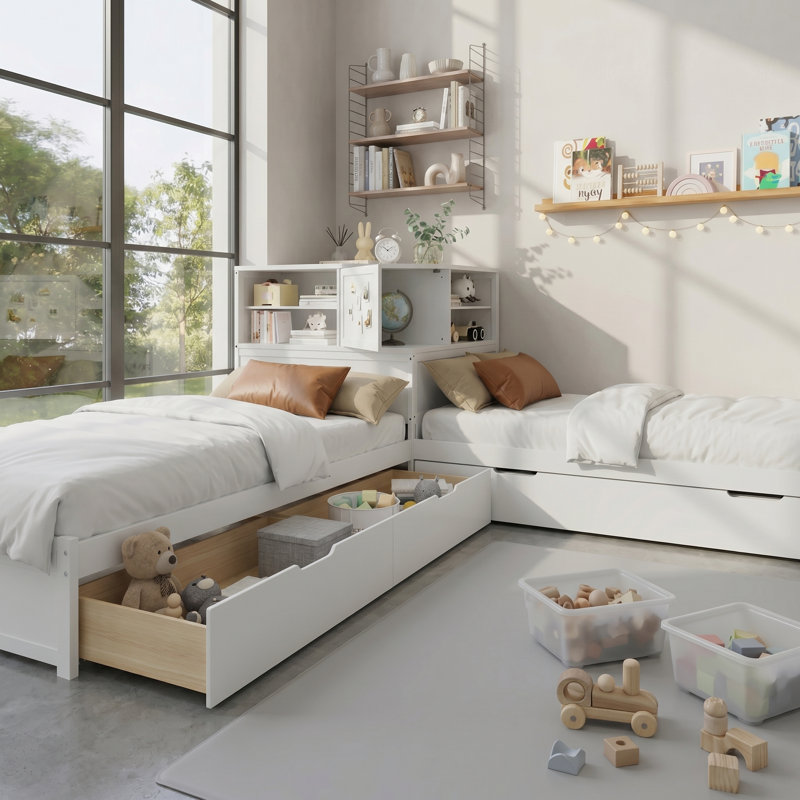 L-Shaped 3-in-1 Twin Bed Frame with Trundle, Storage Drawer & Built-in Desk, White