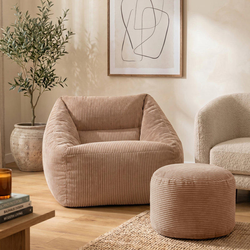 Natalia Corduroy Armchair Bean Bag and Round Footstool, Brown