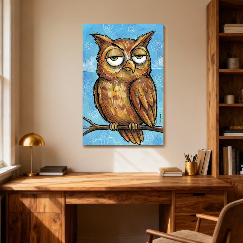 Animaux hibou perché sur une branche sur fond bleu, H 28 po x l 40 po