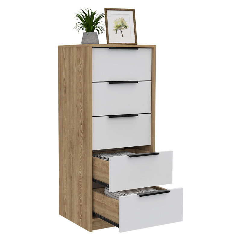 Commode verticale H 42 po avec 5 tiroirs, commode compacte en chêne blanc / clair pour chambres à coucher étroites, commode de rangement moderne