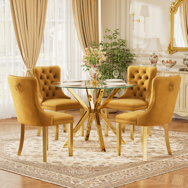 Ensemble de table de salle à manger rond transparent pour 2 à 4 personnes, table de cuisine moderne en verre trempé et chaises avec fauteuil capitonné en velours pour la salle à manger, petit espace, appartement