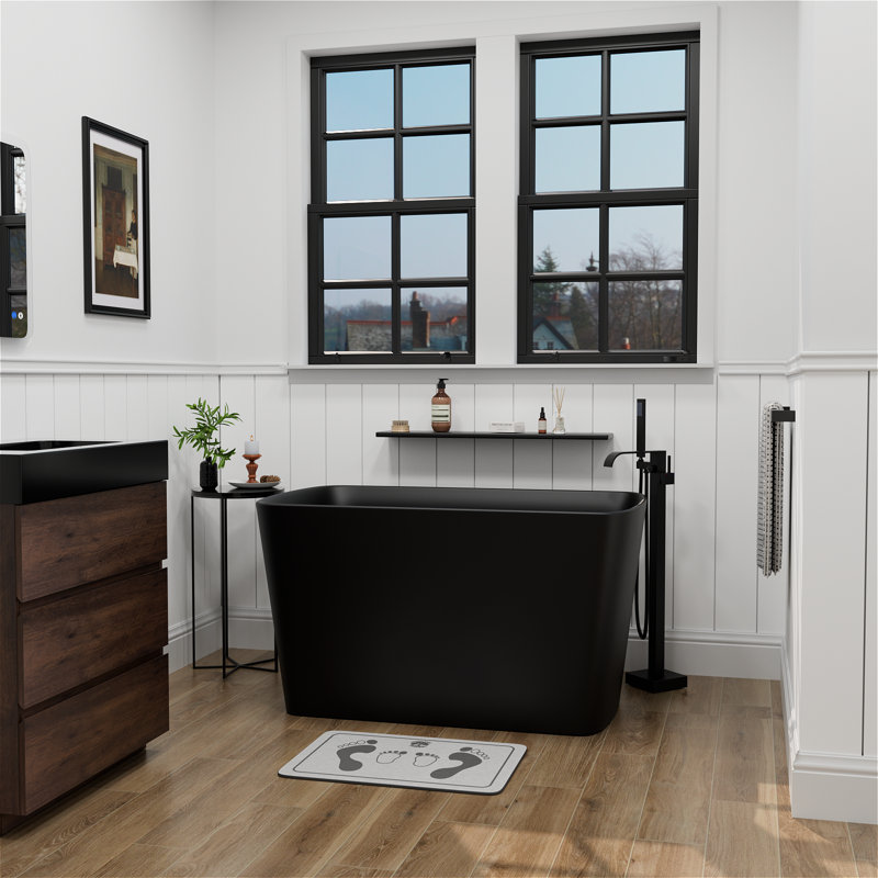 47'' x 27'' Freestanding Solid Surface Soaking Bathtub with Interior Seat for Small Space Room with Pop-up Drain And Overflow