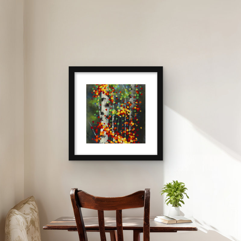 Bouleaux à feuilles colorées - imprimé contemporain vert, Noir, H 16 po x l 16 po