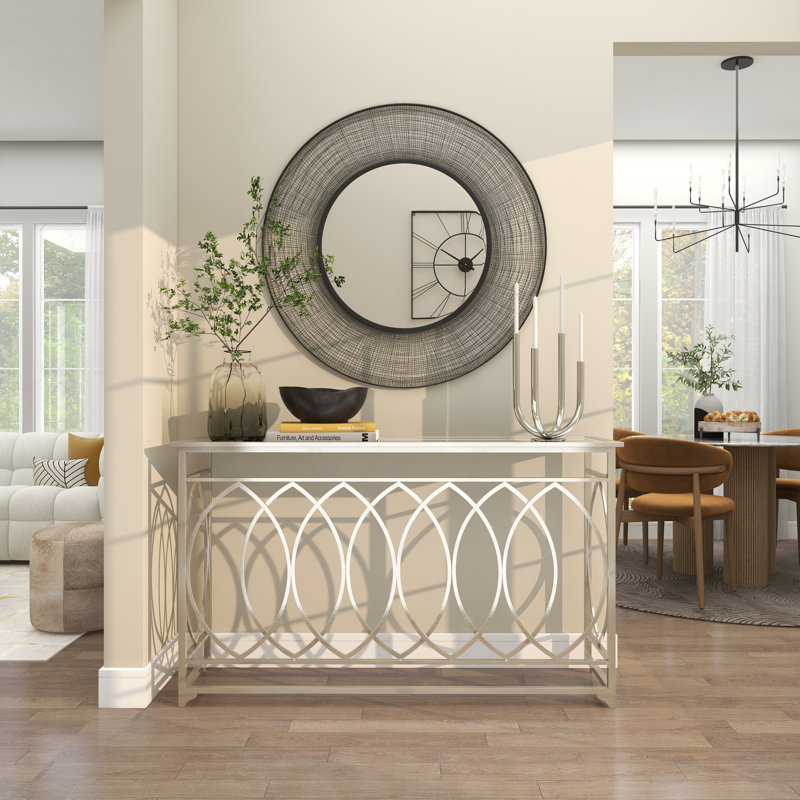 Metal Geometric Living Room Console Table with Mirrored Glass Top, Silver