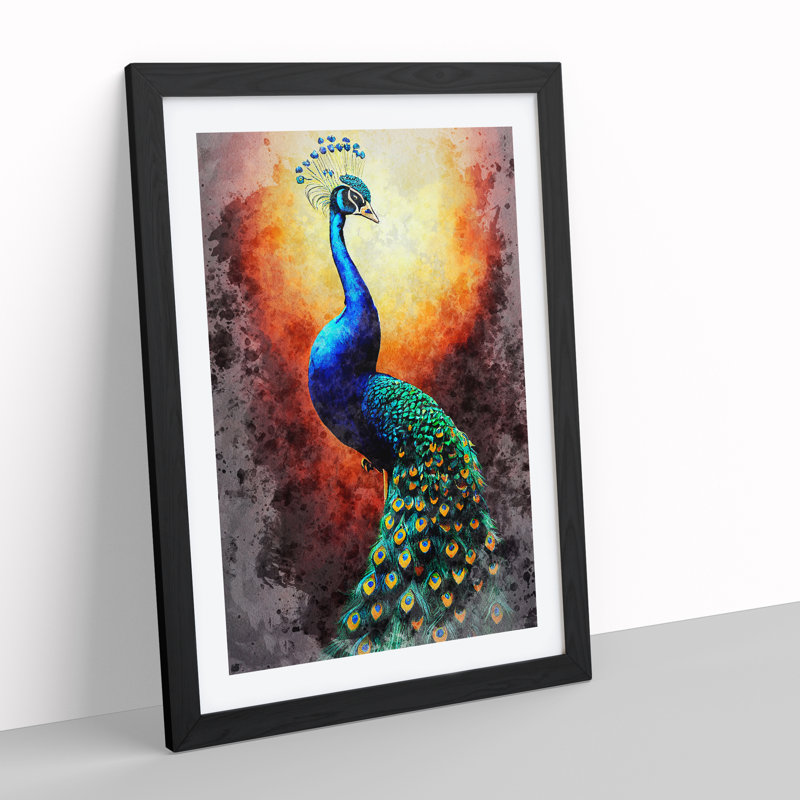 Peacock In Watercolour No.3 - Single Picture Frame Print, 46cm H x 34cm W x 2cm D, Black Framed
