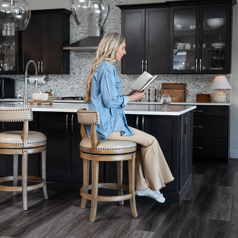 Maven Lane Alexander Stool with Faux Leather Upholstery, Counter Stool (26" Seat Height), Weathered Oak