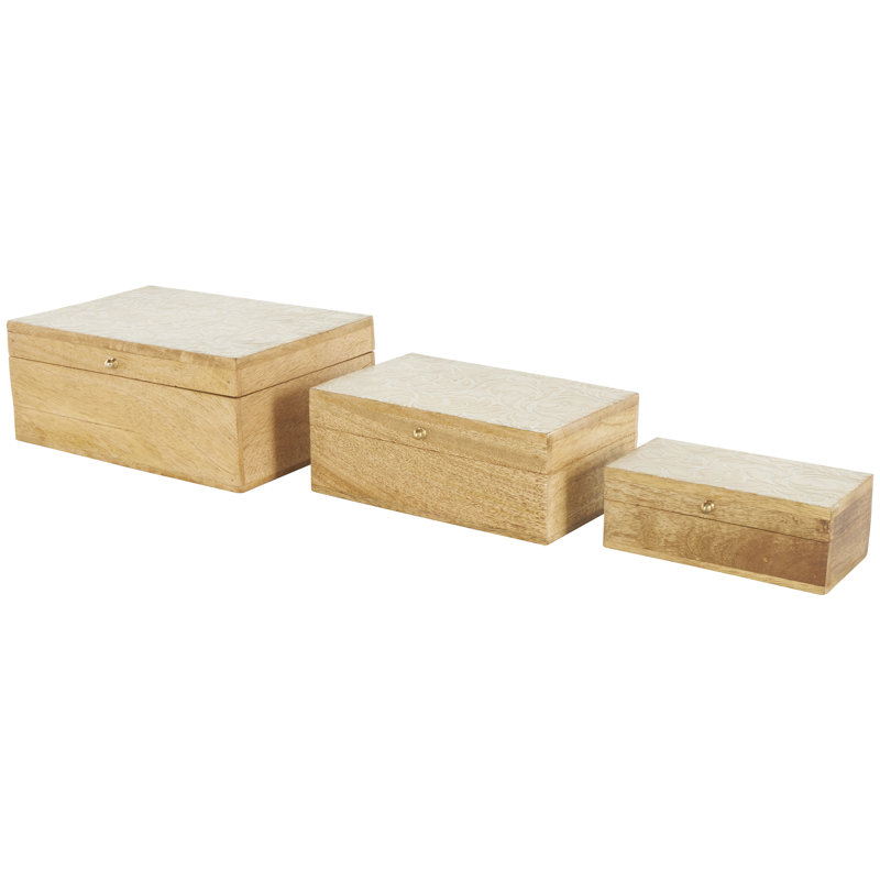 Chrysoula Mango Wood Handmade Whitewashed Storage Scroll Decorative Brown Box with Gold Accents Set