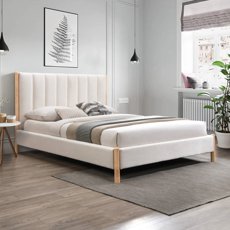 Lit à panneau tapissier Gasaway, Tissu de polyester crème, Grand