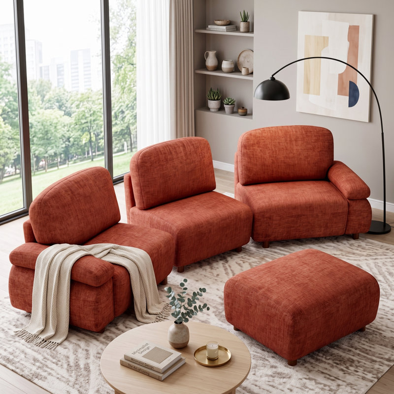 Canapé modulaire en L avec repose-pieds amovible et tissu chenille Nordic, Dark Orange