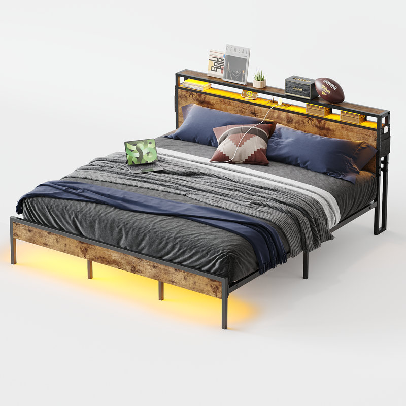 King Size Rustic Metal Platform Bed with LED Storage Headboard