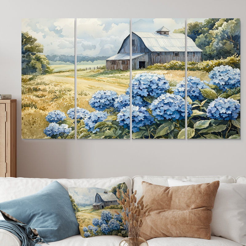 Champ d'hortensias dans la cour de ferme - Art mural hortensia - Art mural traditionnel sur toile, 4, H 28 po x l 48 po