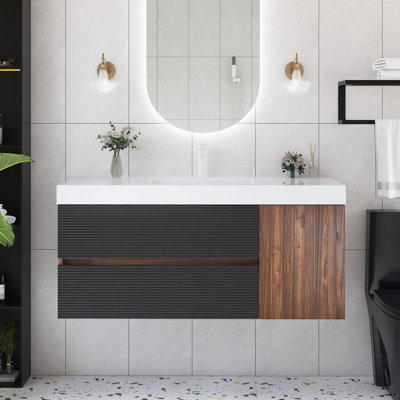 48'' Wall-Mounted Single Bathroom Vanity In Brown With White Integrated Solid Surface Top