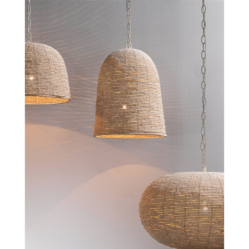 Elysian Off-White Bowl Pendant with Mango Wood Beads and E26 Bulb