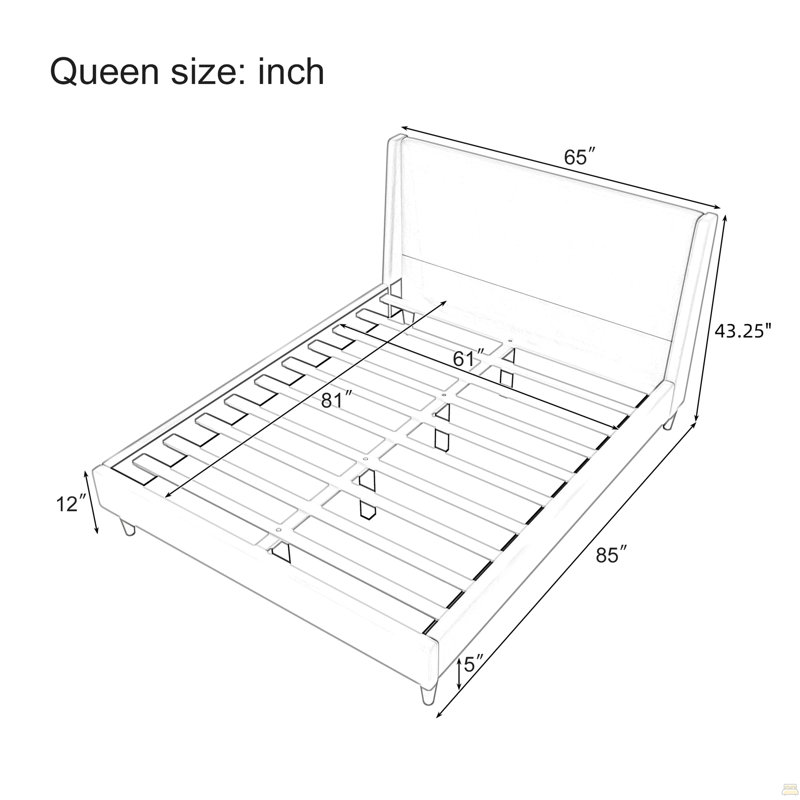 Lit plateforme tapissier blanc moderne avec tête de lit à oreilles et pieds en bois de noyer, Queen