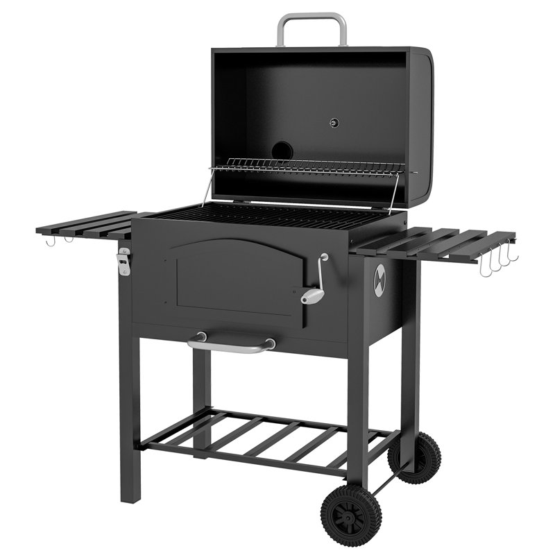 Barbecue au charbon de bois à hauteur réglable, tablettes latérales pliantes, thermomètre, roues et support de rangement, barbecue extérieur
