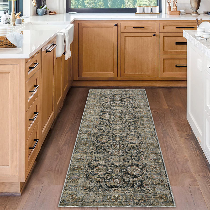 Tapis d'intérieur lavable à motif floral délavé et délavé, Tapis de couloir 2 pi x 6 pi