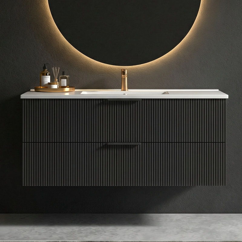 Base de meuble-lavabo mural moderne 48 po, texture grille, tiroirs à double couche avec découpe en U, glissières à fermeture en douceur DTC (lavabo non inclus)