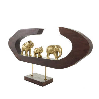 Gulabsha Aluminum Metal Elephant Decorative Gold Sculpture with Wooden Ring Frame
