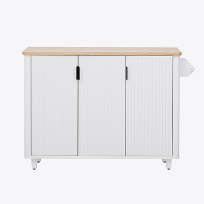 51" Fluted Kitchen Island with Drop Leaf, Farmhouse Accent Kitchen Island on Wheels with Internal Storage Rack, Rolling Kitchen Cart with Towel Rack for Kitchen, Dining Room