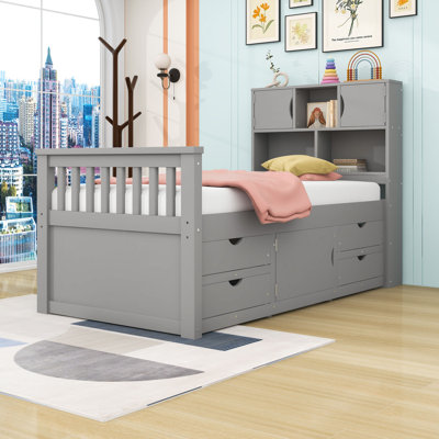 Twin 4 Drawers Wood Bookcase Platform Bed