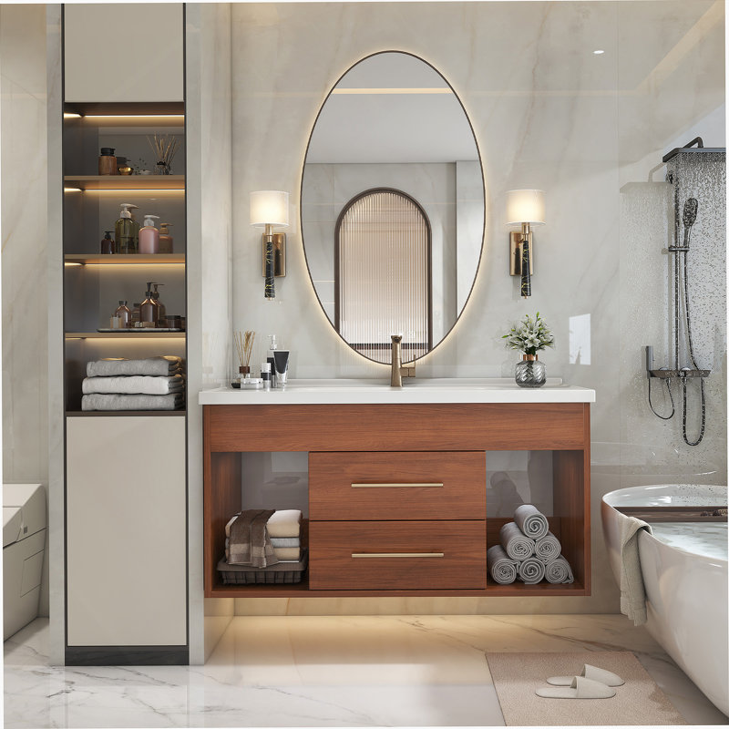 Meuble-lavabo simple de style moderne Mid-Century avec lavabo encastré intégré, offrant un rangement intelligent et un style intemporel pour votre salle de bain
