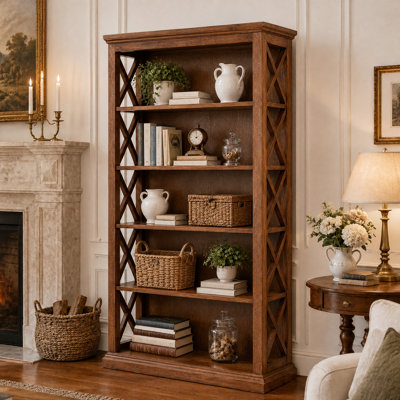 71'' Tall Solid Wood Bookcase, 6-Tier Rustic Large Open Bookshelves with X-Side Panels for Home Office