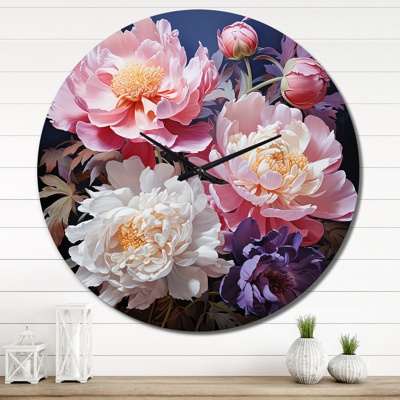 Asian Art Peonies In Pink II Metal Wall Clock, Extra Large