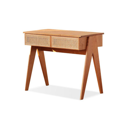 Cherry Wood Colour Rectangular Solid + Manufactured Wood+Rattan desks