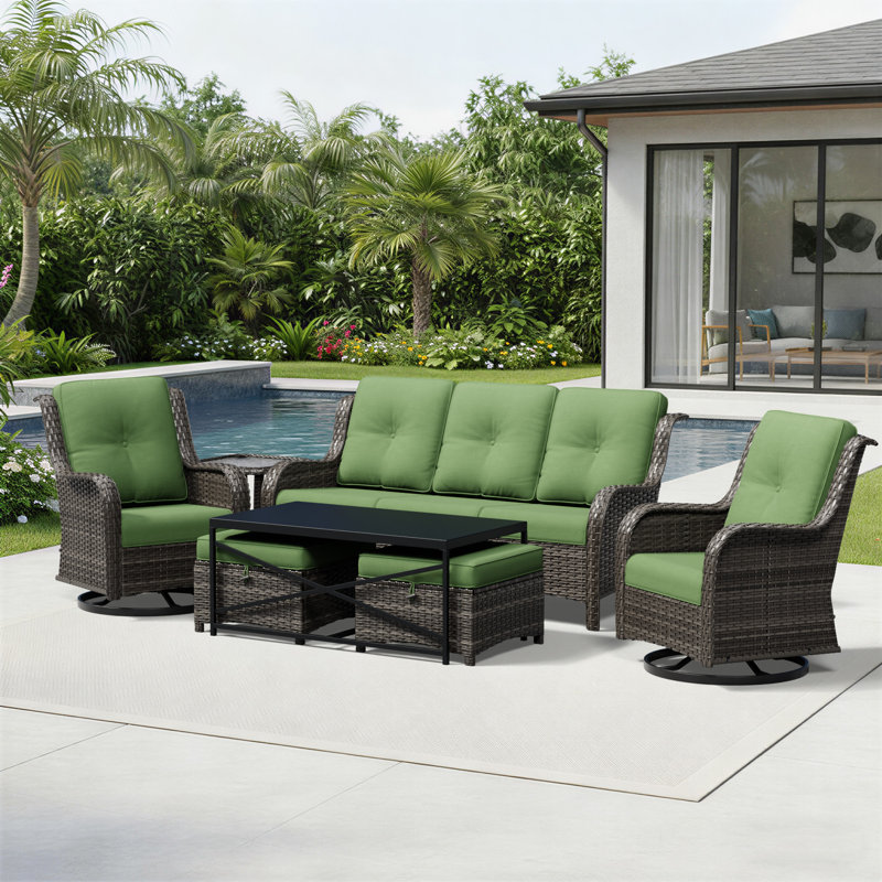 Ensemble de conversation de patio 7 pièces en osier avec coussins Holoman, 7 Pcs:Table, Sofa, Loveseat, 2 Chairs, 2 Ottomans