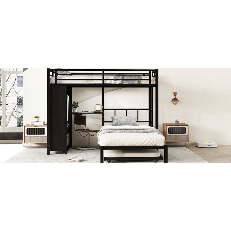 Lit superposé simple au-dessus de métal noir avec placard intégré, bureau sous le lit gigogne, garde-corps pliable et garde-corps pleine longueur pour économiser de l'espace grâce au rangement intégré