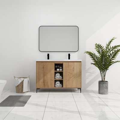 48" Bathroom Vanity Double Sink Freestanding - Modern Appearance, Door Hinge, Spacious Storage, Resin Sinks, Imitative Oak Tone, Plywood Base With Design, Feature, Abundant Finish, Strong