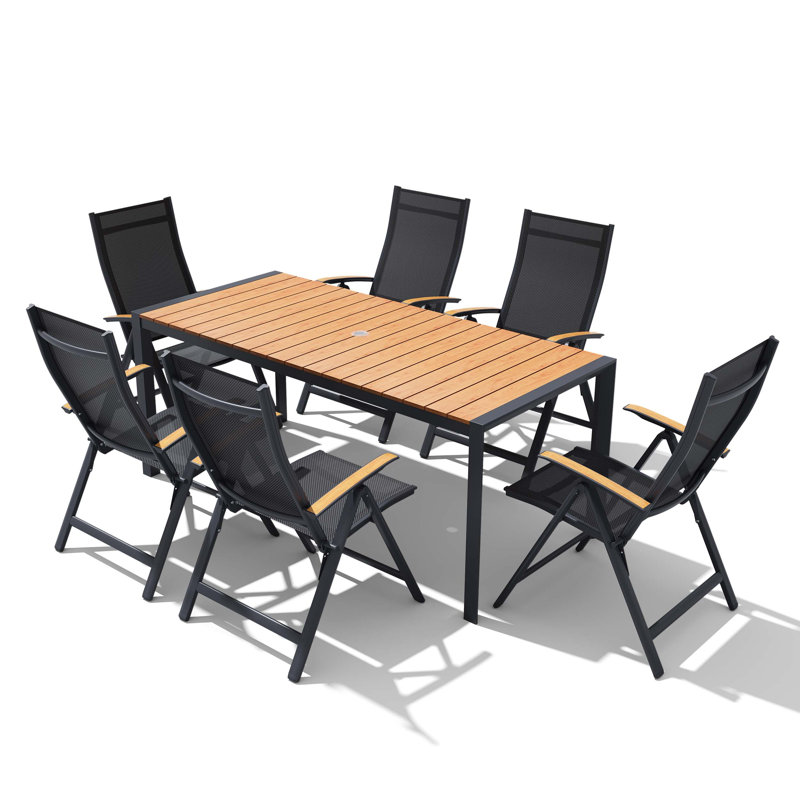 6 - Person 83’’ L Rectangular Aluminum Outdoor Dining Set with Umbrella Hole and Folded Reclining Armchairs, Brown