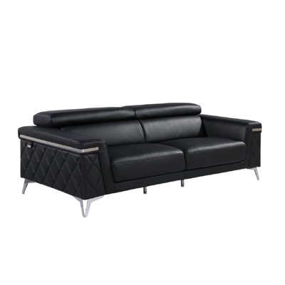  89" Black Italian Leather Sofa With Silver Legs