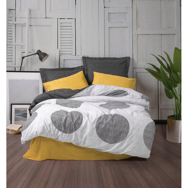 Ensemble de housse de couette 100% coton jaune / gris / blanc Aeilt, Housse de couette simple + 1 taie d'oreiller 24 po