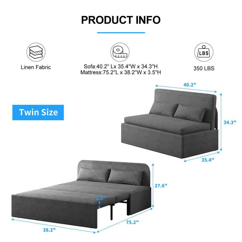 Ebern Designs Pull Out Sofa Bed, 2-in-1 Modern Convertible Sleeper Sofa Couch, Twin Size Linen Revesible Couch Bed With Cushions&throw Pillows For Small Place/apartment/living Room/office