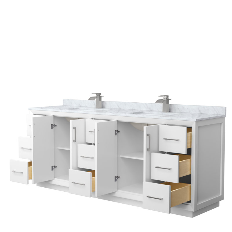 84'' Double Bathroom Vanity with Genuine Marble Top, Gray, White