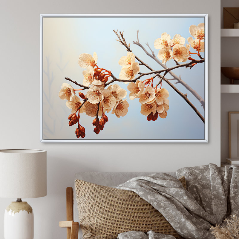Douce branche de fleur de brun doux - reproduction sur toile, H 30 po x l 40 po x P 1,5 po, Cadre flottant blanc