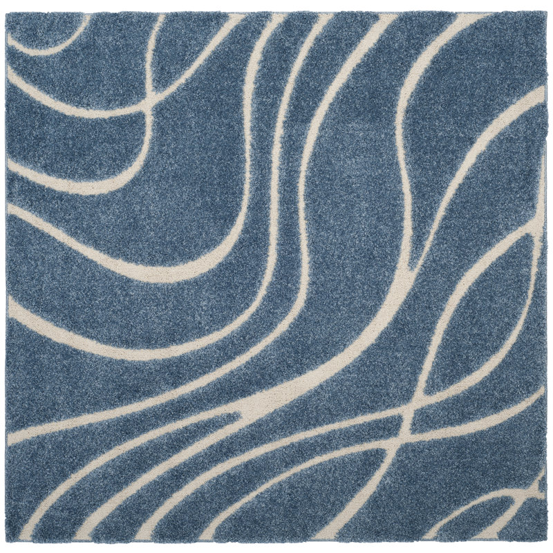 Ashal Abstract Shag Light Blue/Cream Area Rug, Square 4'